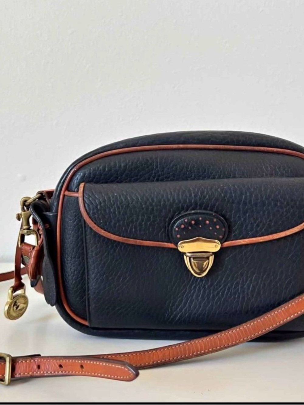 Dooney & Bourke Black Leather Crossbody with Brown Trim and Gold Hardware
